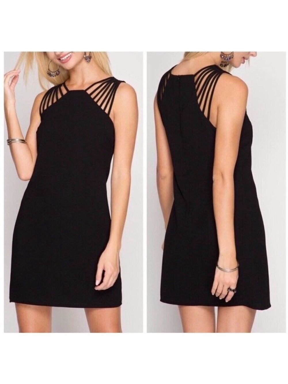 Dress The Population Cora Black Strappy Shoulder Sheath Dress Small LBD Stretch